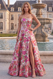 Red Flower Jacquard Ruffled A Line Strapss Long Prom Dress with Slit