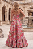 Red Flower Jacquard Ruffled A Line Strapss Long Prom Dress with Slit