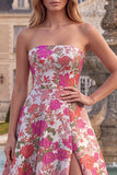 Red Flower Jacquard Ruffled A Line Strapss Long Prom Dress with Slit