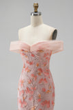 Sparkly Pink Floral Beaded Off The Shoulder Mermaid Long Prom Dress