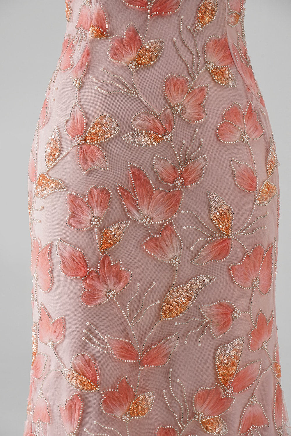 Sparkly Pink Floral Beaded Off The Shoulder Mermaid Long Prom Dress