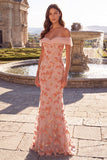 Sparkly Pink Floral Beaded Off The Shoulder Mermaid Long Prom Dress