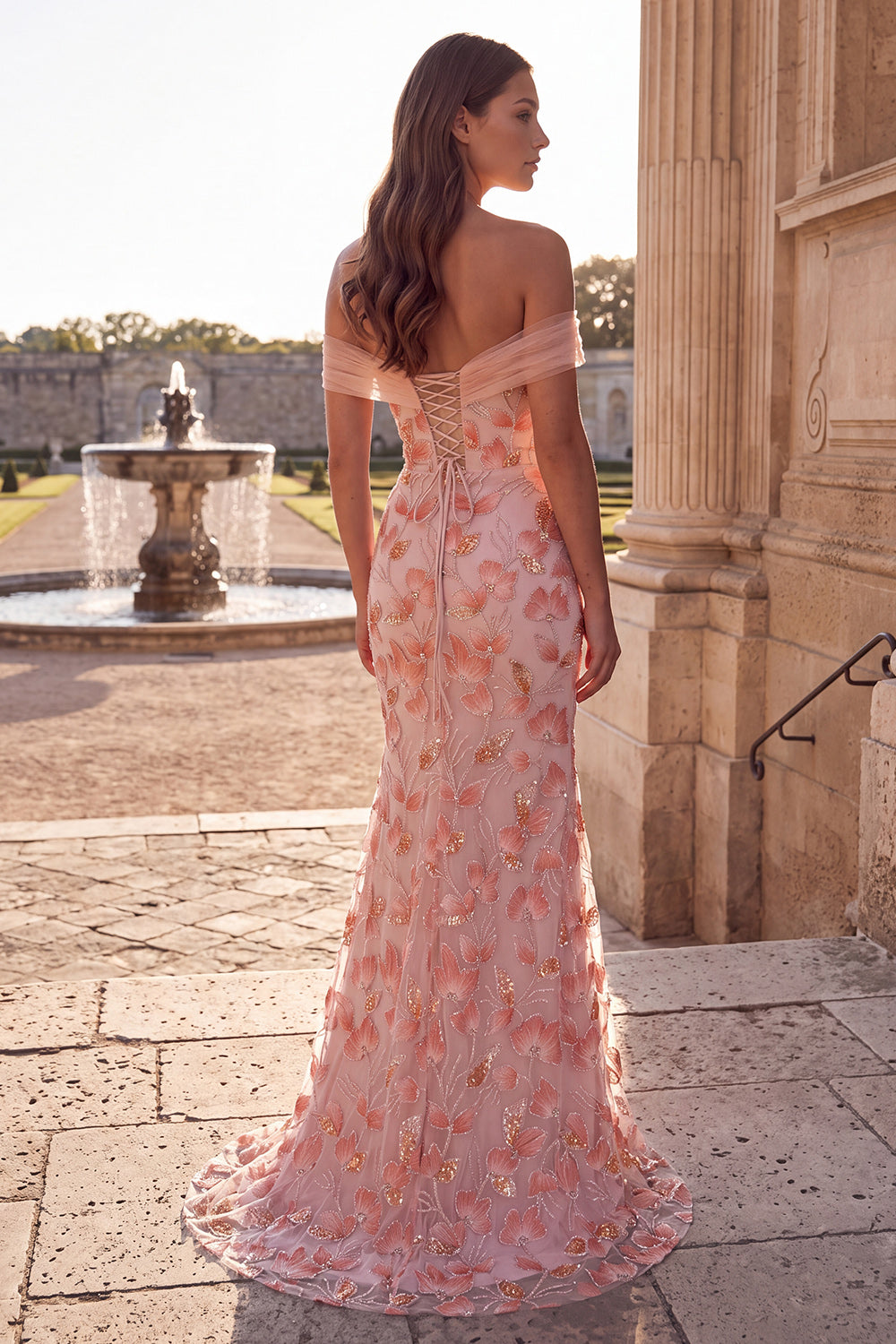 Sparkly Pink Floral Beaded Off The Shoulder Mermaid Long Prom Dress