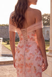 Sparkly Pink Floral Beaded Off The Shoulder Mermaid Long Prom Dress