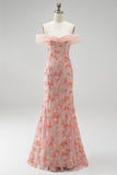 Sparkly Pink Floral Beaded Off The Shoulder Mermaid Long Prom Dress