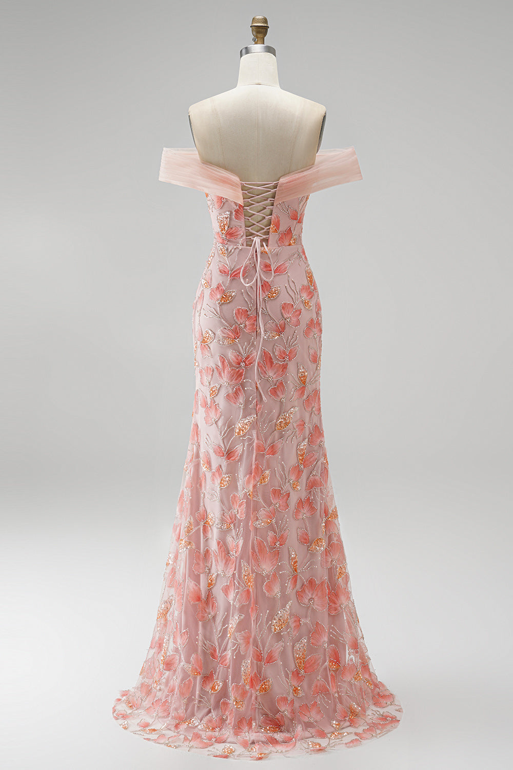 Sparkly Pink Floral Beaded Off The Shoulder Mermaid Long Prom Dress
