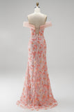 Sparkly Pink Floral Beaded Off The Shoulder Mermaid Long Prom Dress