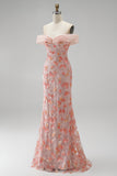 Sparkly Pink Floral Beaded Off The Shoulder Mermaid Long Prom Dress