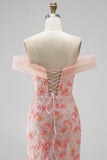 Sparkly Pink Floral Beaded Off The Shoulder Mermaid Long Prom Dress
