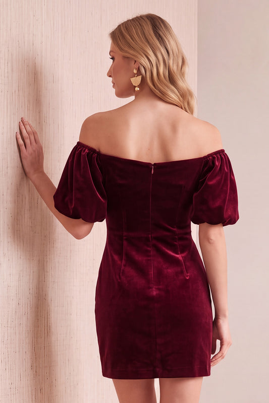 Burgundy Velvet Off the Shoulder Puff Sleeves Short Holiday Party Dress with Bow