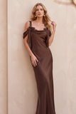 Coffee Sheath Cold Shoulder Satin Long Wedding Guest Dress with Bows