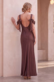 Coffee Sheath Cold Shoulder Satin Long Wedding Guest Dress with Bows