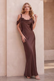 Coffee Sheath Cold Shoulder Satin Long Wedding Guest Dress with Bows