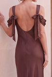 Coffee Sheath Cold Shoulder Satin Long Wedding Guest Dress with Bows