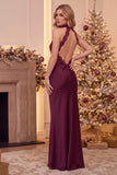 Sheath Cowl Neck Burgundy Satin Backless Long Wedding Guest Dress with Lace