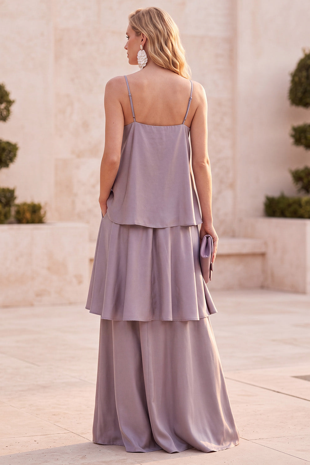Fog Spaghetti Straps Tiered Ruffled Long Wedding Guest Dress with Pockets