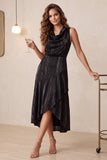 Black Cowl Neck A Line Ruffled Midi Cocktail Dress with Pockets