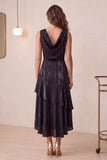Black Cowl Neck A Line Ruffled Midi Cocktail Dress with Pockets