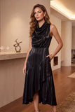 Black Cowl Neck A Line Ruffled Midi Cocktail Dress with Pockets