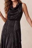 Black Cowl Neck A Line Ruffled Midi Cocktail Dress with Pockets