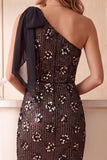 Sparkly Floral Coffee Sequin One Shoulder Midi Cocktail Dress with Bow