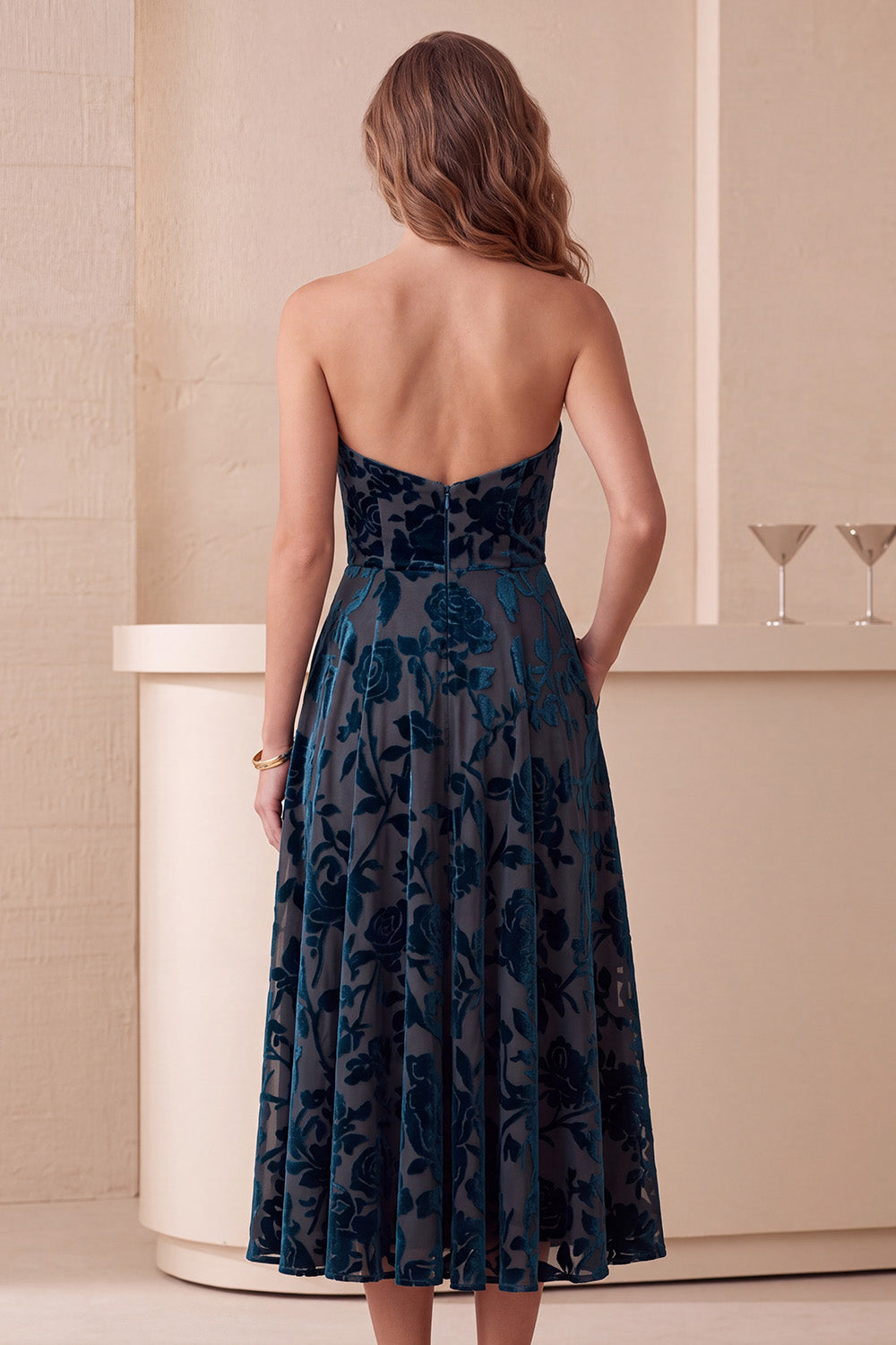 Navy A-Line Sweetheart Velvet Floral Midi Cocktail Dress with Pockets