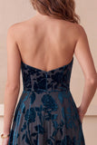 Navy A-Line Sweetheart Velvet Floral Midi Cocktail Dress with Pockets