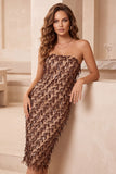 Sparkly Sequin Coffee Bodycon Strapless Fringed Midi Cocktail Dress