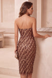 Sparkly Sequin Coffee Bodycon Strapless Fringed Midi Cocktail Dress