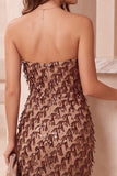 Sparkly Sequin Coffee Bodycon Strapless Fringed Midi Cocktail Dress