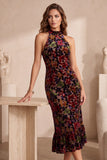 Burgundy Halter Floral Velvet Keyhole Back Midi Cocktail Dress with Ruffles