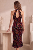 Burgundy Halter Floral Velvet Keyhole Back Midi Cocktail Dress with Ruffles