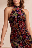 Burgundy Halter Floral Velvet Keyhole Back Midi Cocktail Dress with Ruffles