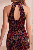 Burgundy Halter Floral Velvet Keyhole Back Midi Cocktail Dress with Ruffles