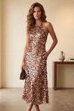 Sparkly Coffee Sequin Halter Midi Cocktail Dress with Pockets