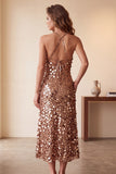 Sparkly Coffee Sequin Halter Midi Cocktail Dress with Pockets