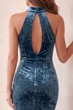 Lake Blue Velvet Mermaid Halter Keyhole Ruffled Midi Cocktail Dress
