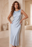 Light Blue Cowl Neck Satin Midi Cocktail Dress with Pockets