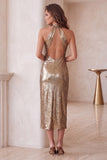 Champagne Halter Metallic Keyhole Back Midi Cocktail Dress