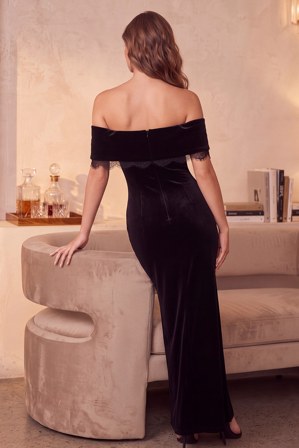 Black Velvet Sheath Beaded Maxi Cocktail Dress with Lace