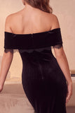 Black Velvet Sheath Beaded Maxi Cocktail Dress with Lace
