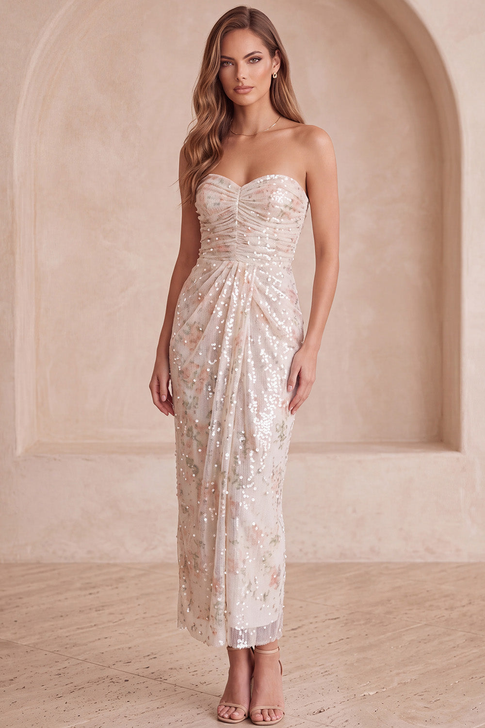 Sparkly Ivory Sweetheart Ruched Floral Sequin Maxi Cocktail Dress