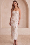 Sparkly Ivory Sweetheart Ruched Floral Sequin Maxi Cocktail Dress