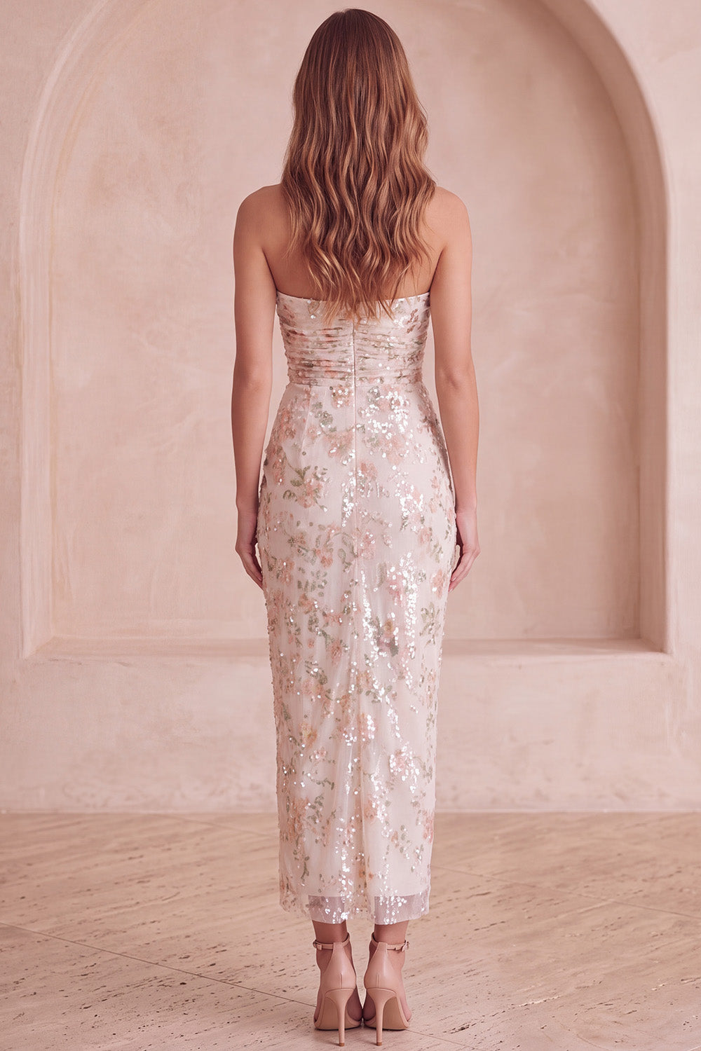 Sparkly Ivory Sweetheart Ruched Floral Sequin Maxi Cocktail Dress