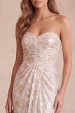 Sparkly Ivory Sweetheart Ruched Floral Sequin Maxi Cocktail Dress