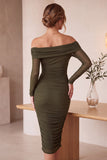 Olive Bodycon Off the Shoulder Ruched Midi Cocktail Dress with Sleeves