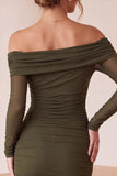 Olive Bodycon Off the Shoulder Ruched Midi Cocktail Dress with Sleeves