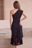 Black One Shoulder Bodycon Ruched Midi Cocktail Dress with Lace