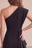 Black One Shoulder Bodycon Ruched Midi Cocktail Dress with Lace