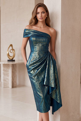 Slate Blue Metallic One Shoulder Ruched Midi Cocktail Dress with Pockets